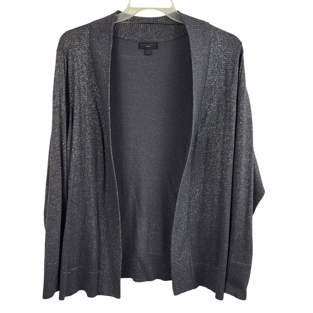 Worthington 1X Metallic Open Front Cardigan Gray Silver Shimmer Lightweight